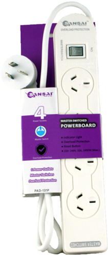 Sansai 4 Way Basic Powerboard with Master Switch – Surge & Spike Protectors | ACP Online