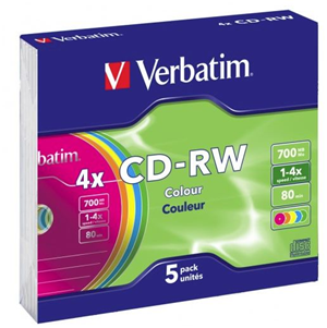 Verbatim CD-RW 2x-4x Multi-Colour 5 Pack with Slim Cases