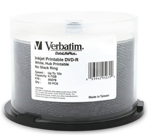 Verbatim DVD-R 4.7GB 16x White Wide Printable 50 Pack on Spindle