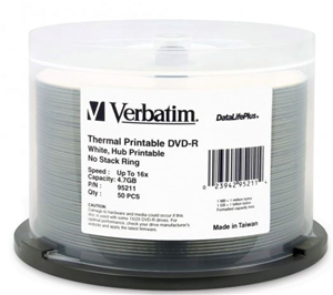 Verbatim DVD-R 4.7GB 16x White Wide Thermal Printable 50 Pack on Spindle