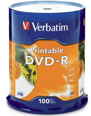Verbatim DVD-R 4.7GB 16x White Printable 100 Pack on Spindle