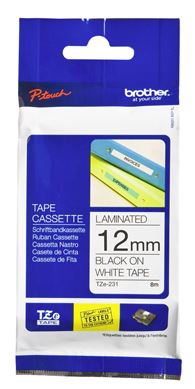 Brother TZe-231 12mm x 8m Black on White Laminated Tape