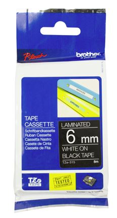 Brother TZe-315 6mm x 8m White on Black Tape