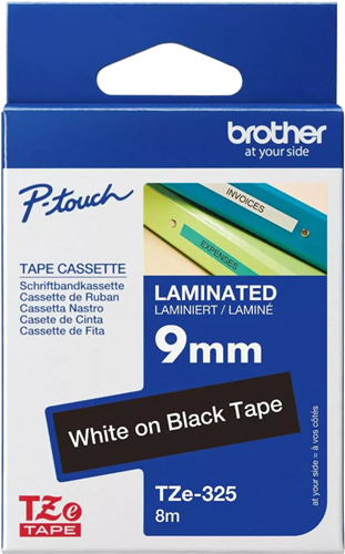 Brother TZe-325 9mm x 8m White on Black Tape – Labelling Devices | ACP Online