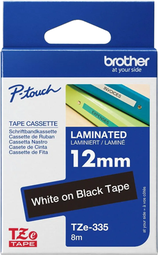Brother TZe-335 12mm x 8m White on Black Tape – Labelling Devices | ACP Online