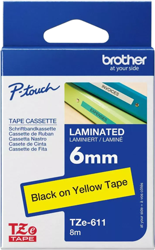 Brother TZe-611 6mm x 8m Black on Yellow Tape – Labelling Devices | ACP Online