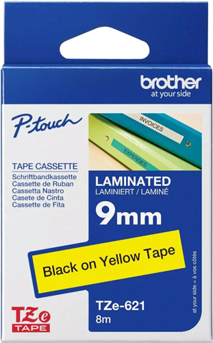 Brother TZe-621 9mm x 8m Black on Yellow Tape – Labelling Devices | ACP Online