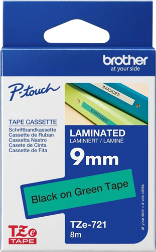 Brother TZe-721 9mm x 8m Black on Green Tape – Labelling Devices | ACP Online Brother TZe-721 9mm x 8m Black on Green Tape – Labelling Devices | ACP Online