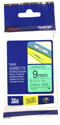 Brother TZe-721 9mm x 8m Black on Green Tape