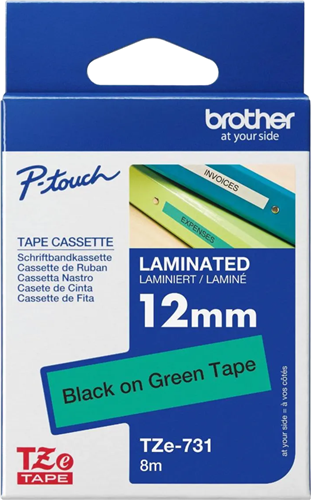 Brother TZe-731 12mm x 8m Black on Green Tape – Labelling Devices | ACP Online
