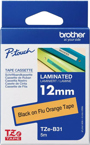 Brother TZe-B31 12mm x 8m Black on Fluro Orange Tape – Labelling Devices | ACP Online