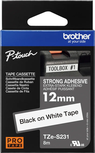Brother TZe-S231 12mm x 8m Extra Strength Black on White Tape – Labelling Devices | ACP Online