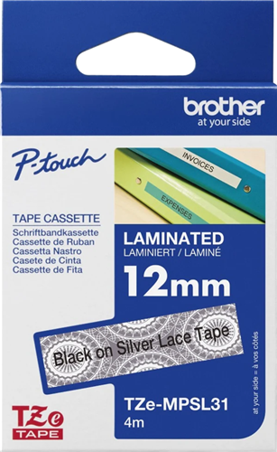 Brother TZEMPSL31 12mm x 4m P-Touch Black on Silver Lace Tape – Labelling Devices | ACP Online