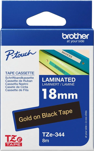 Brother TZe-344 18mm x 8m Gold on Black Tape – Labelling Devices | ACP Online