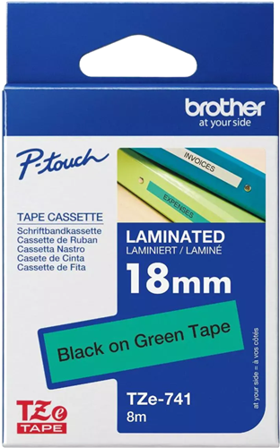 Brother TZe-741 18mm x 8m Black on Green Tape – Labelling Devices | ACP Online