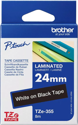 Brother TZe-355 24mm x 8m White on Black Tape – Labelling Devices | ACP Online