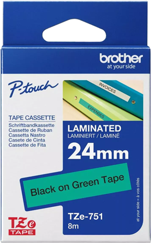 Brother TZe-751 24mm x 8m Black on Green Tape – Labelling Devices | ACP Online