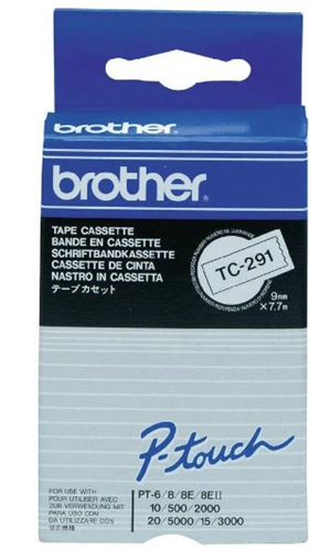 Brother TC-291 9mm x 8m Black on White Label Tape