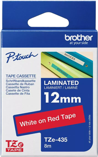 Brother TZe-435 12mm x 8m White on Red Tape – Labelling Devices | ACP Online