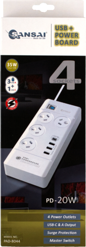 Sansai 4 Way Surge Powerboard with 3 x USB-A & 1x USB-C – Surge & Spike Protectors | ACP Online