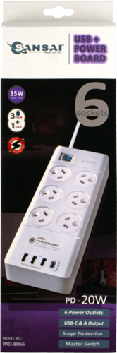 Sansai 6 Way Surge Powerboard with 3x USB, 1x USB-C Charging Ports – Surge & Spike Protectors | ACP Online