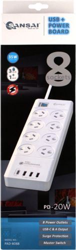 Sansai 8 Way Surge Powerboard with 3x USB, 1x USB-C Charging Ports – Surge & Spike Protectors | ACP Online