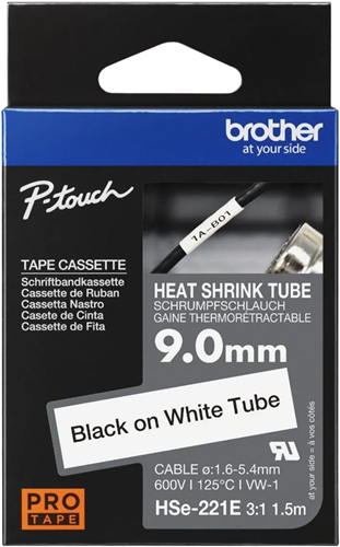 Brother HSe-221E 9.0mm x 1.5m Black on White Heat Shrink Tape – Labelling Devices | ACP Online