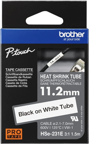 Brother HSe-231E 11.2mm x 1.5m Black on White Heat Shrink Tape – Labelling Devices | ACP Online