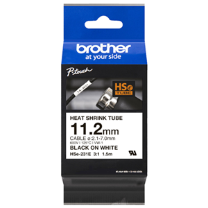 Brother HSE-231E 11.2mm Black on White Heat Shrink Tape