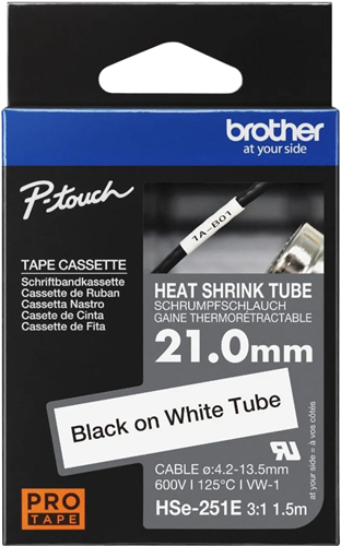 Brother HSe-251E 21.0mm x 1.5m Black on White Heat Shrink Tape – Labelling Devices | ACP Online