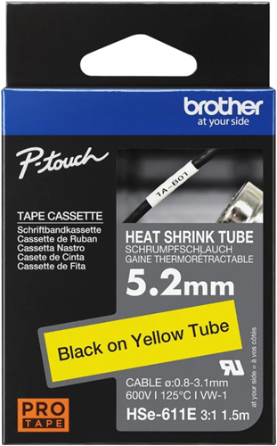 Brother HSE611E 5.2mm x 1.5m Black on Yellow Heat Shrink Tape – Labelling Devices | ACP Online